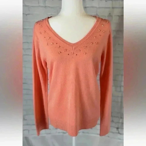 Basic Editions Women's V Neck Beaded Orange Melon Fine Knit Sweater Size M - Picture 13 of 13